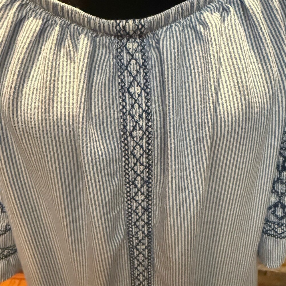 St. John’s Bay Blouse Womens L Blue & White Pinstripe Embroidered Peasant - Picture 7 of 8